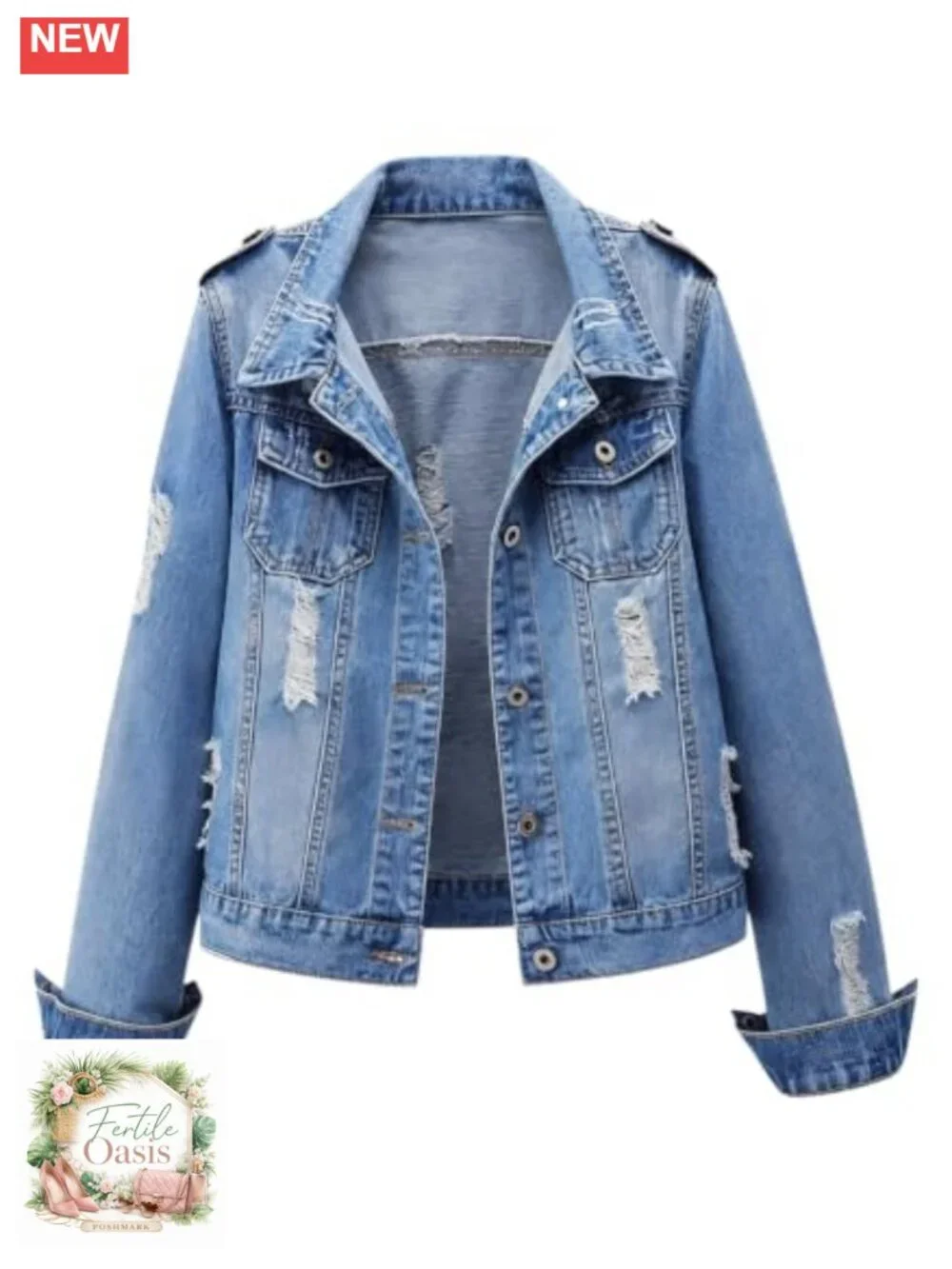 Women's Distressed Denim Jacket Relaxed Fit Button Front Long Sleeve Washed Blue